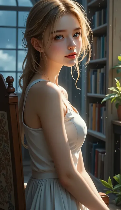 ((図書館のアンティークな椅子に座っている女の子))、(RAW shooting, Photorealistic:1.5, 8K, Highest画質, masterpiece, Ultra-high resolution), Perfect dynamic composition:1.2, Night Street Corner, Looking up at the sky:1.3, (((Heavy rain from a typhoon))), Highly detailed skin and fac...