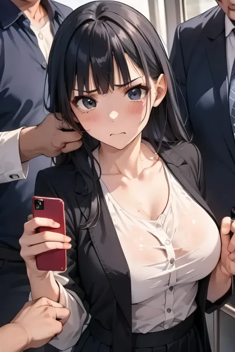 (  manga  、anime)、Woman punches a molester、Molester of an ugly man、on the train、takes a picture with a smartphone、punches a man in the face、My cheeks turn red