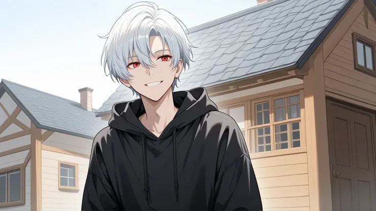 men white short hair red eyes black hoodies happy face build a house
