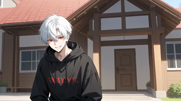men white short hair red eyes black hoodies happy face build a house