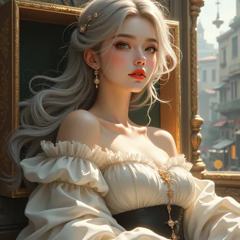 ((woman lying inside a gift box))、(masterpiece、Highest Quality、steampunk art、sunlight、illuminates your face、Super Detail、written with thigh composition、Magic Rim、Gray Hair、Real queen、 red lips、Super Detail、very detailed、(high contrast:1.11)、wind、great、beau...