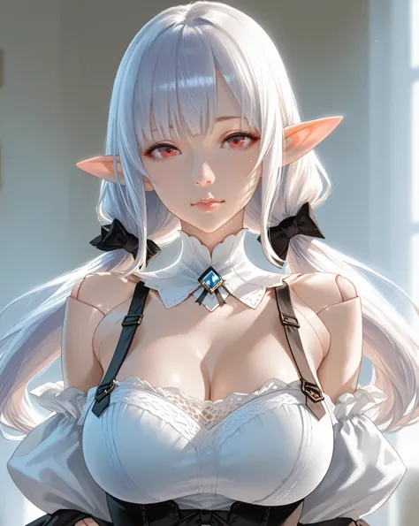 Upper body only,8k, realistic,soft lighting, artistic, futuristic, robotic girl with silver twin tails and red eyes, featuring a mature and elegant face with short elf ears. She wears a gothic ta maid outfit with exposed shoulders, and her joints are desig...