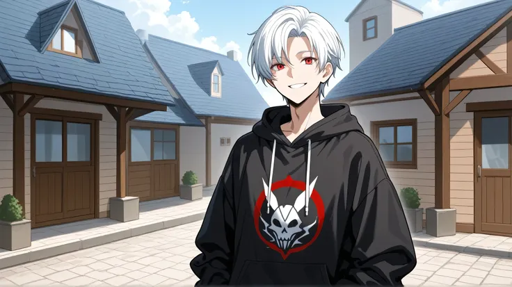men white short hair red eyes black hoodies happy face build a house