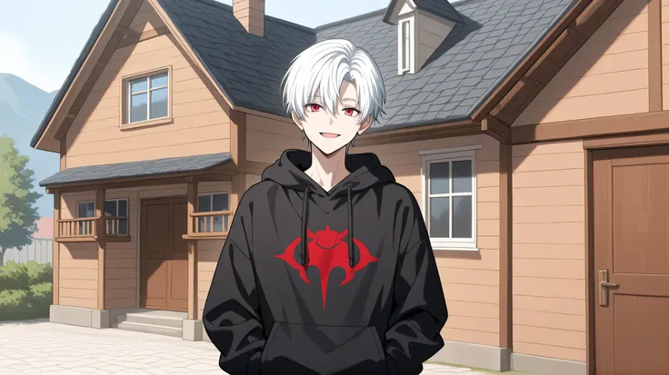 men white short hair red eyes black hoodies happy face build a house