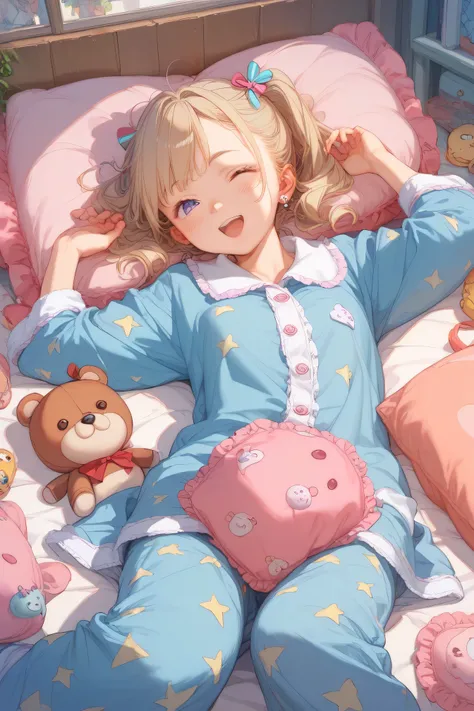 Highest Quality、anime style、girls' pajama party、bright room、plush、Pastel colored ruffled pajamas、A girl is hitting her friend in the face with a cushion、Cheerful and fun atmosphere、masterpiece