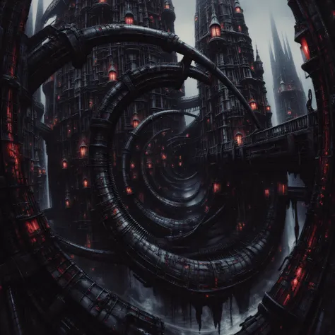 Logo. maximalism. It's a creepy dungeon. a super-developed settlement of terrible aliens. black architecture with white elements. Tall, nightmarish buildings, spires with lighthouses that glow with a blood-red light. The buildings are spiral-shaped, covere...