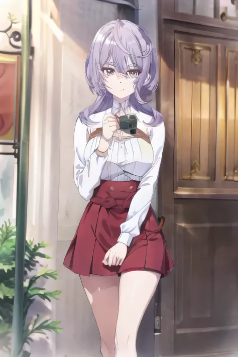 light purple hair,please draw her expression more delicately，walking alone，   city tour   ,，（（（she is wearing casual tourist wear）））， I have a SLR camera  ,（Let's draw a more delicate look），（sleeveless wool sweater），（ pleated legs，white panties），（That work...