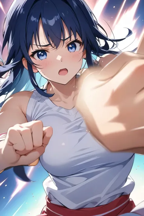 (    manga    、anime、story)、( masterpiece 、 Highest Quality、 Ultra High Definition )、( close 、 Facial beauty 、 beautiful eyes on my stomach )、 clothes can be torn、(rushpunch,
punching,
clenched hands,
too much,
multiple hands,
extra arms,
aura,
foreshorten...