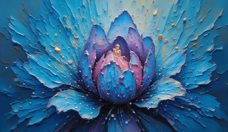 Elegant splash art. Extreme close-up. Tiny fairies dance gracefully across the petals of a blue rose. Dynamic lighting. The dancers are clad in flowing gowns. Art nouveau. Intricate patterns adorn the flower. Vivid colors. Best quality, a masterpiece, incr...