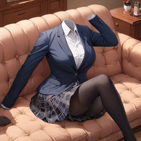 (invisible:1.5, no humans:1.5, headless:1.5, faceless:1.5), ( school casual blazer, plaid skirt, black stocking, on sofa, spread legs:1.2), long sleeve, (big breast), (best quality, masterpiece:1.2), (((detailed cloth texture, detailed anime, super fine il...