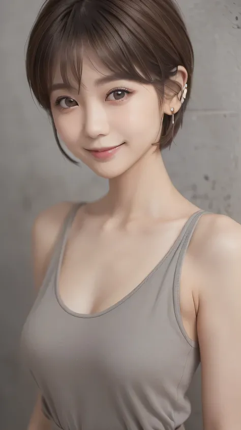 ((Highest Quality, 8k, photorealistic expression:1.5、delicate、 details:1.5、masterpiece: 1.3))、（( Skinny Body:1.6)）、(((A 30-year-old Japanese Woman )))、(( natural makeup without ornaments 、lipstick )),(((Tight Flat Breasts)))、(( Light Brown Hair 、 short hai...
