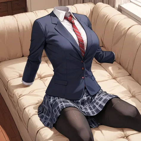 (invisible:1.5, no humans:1.5, headless:1.5, faceless:1.5), ( school casual blazer, plaid skirt, black stocking, on sofa, spread legs:1.2), long sleeve, striped panties, (big breast), (best quality, masterpiece:1.2), (((detailed cloth texture, detailed ani...
