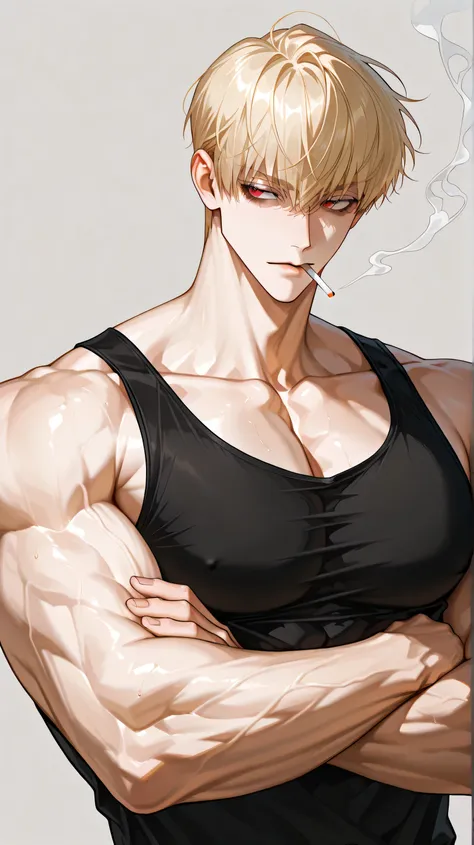 One male , handsome , very muscular, big muscles , bulky body , big arms, big chest , short hair , messy blonde hair , keen eyes , red eyes , dark circles under the eyes , male facial features, black tanktop , cigarette , simple background , front view wit...