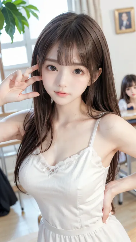 cute clothes、slender body line、Tight waist、((accentuated breasts))、((Very cute expression))、(Detailed right hand:1.3、Cute hand sign)、(detailed eyes and faces between desks:1.2)、Highest Quality、best quality、masterpiece、(beautiful small face、High nose、Lovely...