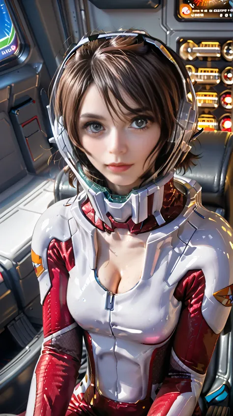 real、16k、Lunamaria Hawke、pilot suit、It's open from neck to chest and cleavage is visible、cockpit cockpit