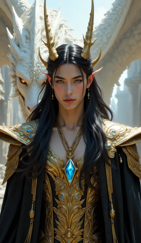 ultra-detailed portrait of a regal fantasy male character with long flowing black hair, golden dragon horns, sharp blue eyes, elegant black and gold robe with ornate embroidery, glowing blue gemstones on his chest and earrings, majestic white dragon coilin...