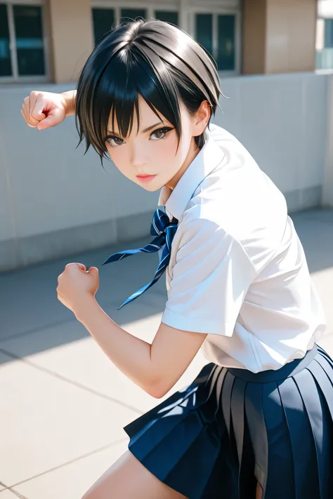 Best Quality,ultra detailed, Photo realstic,
(solo tomboy), black hair, slim, school uniform, looking for viewer, punch,