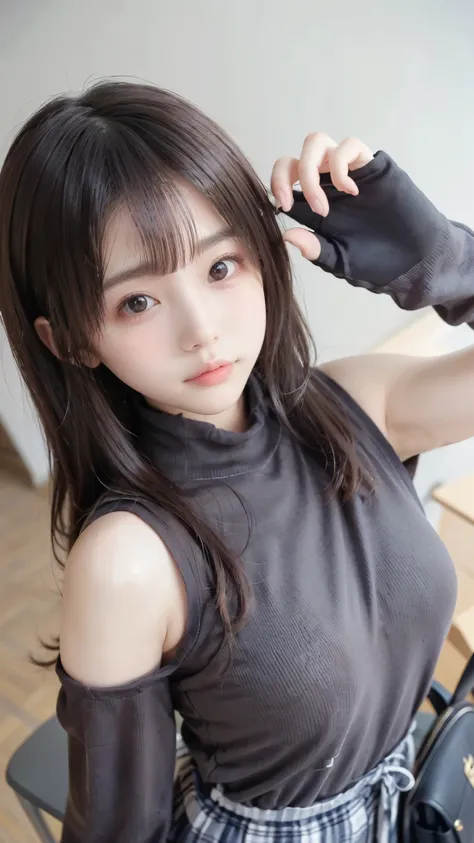 cute knitted clothes、slender body line、Tight waist、((accentuated breasts、beautiful breasts、Breast bag:1.2))、((Very cute expression))、(detailed hands:1.3、perfect right hand:1.3、fine fingertips down to the smallest detail:1.2)、(detailed eyes and faces betwee...