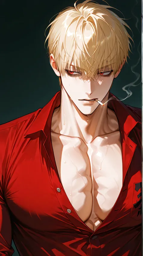 One male , handsome , very muscular , bulky body , big chest , short hair , messy blonde hair , keen eyes , red eyes , dark circles under the eyes , male facial features, red yakuza shirt , cigarette , simple background, front view