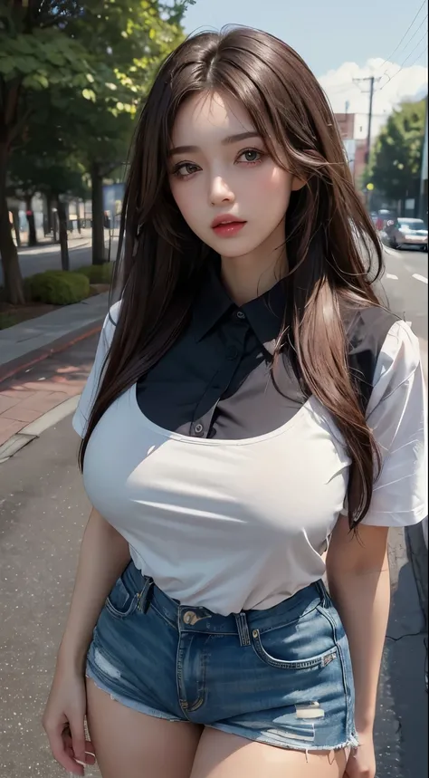 ((top quality, 8k, masterpiece: 1.3)), sensual woman, 1 girl, (slender figure: 1.2), dark brown hair, (outdoor, shirt, shorts: 1.1), ultra detailed face, detailed lips, detailed eyes, double eyelids, (huge breasts: 1.2)