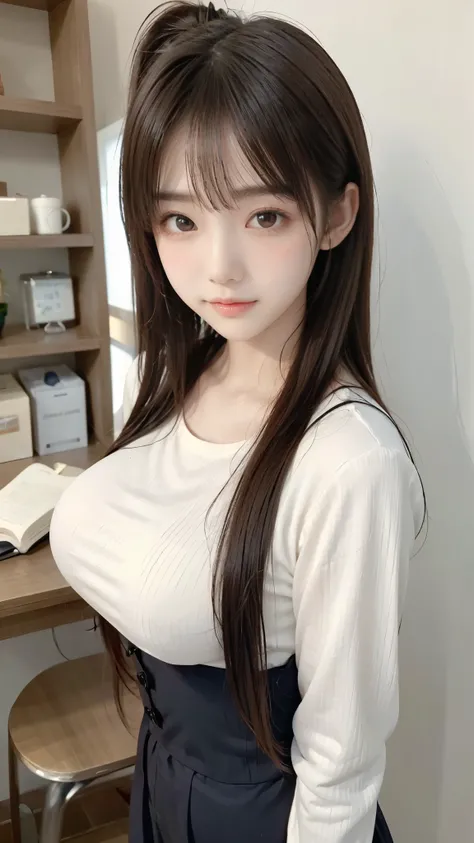 cute knitted clothes、slender body line、((Tight waist))、(( Accentuated Big Breasts :1.2、Big beautiful breasts、Big Breasts、Breast bag:1.2))、((Very cute expression))、(detailed hands:1.3、perfect right hand:1.3)、(detailed eyes and faces between desks:1.2)、Highe...