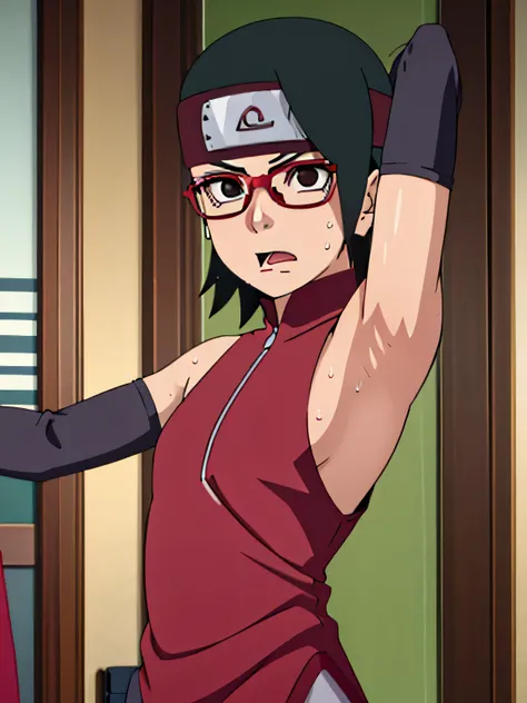 Sarada Uchiha,human woman with fair skin. She is a r with black eyes and red clothing. Her hair is black in color; She is beautiful.Wearing red rimmed glasses.Tsundere face. Pink eye shading,mature appearance,armpits,sweat,sweaty,sweaty armpits,arms up,s...