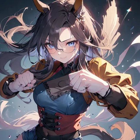 (Uppercut, fighting stance, clenched fist, bare hands, jump: 2), (Solo, alone, girl, horse ears, hidden round breasts, black hair, very long hair, dreamy smile, black tights, see-through dark blue lace outfit, denim shorts, exposed midriff, dark purple bac...