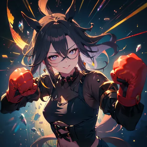 (Uppercut punch, fighting stance, clenched fist, bare hands, jump: 2), (Solo, alone, girl, horse ears, hidden round breasts, black hair, very long hair, dreamy smile, black tights, see-through dark blue lace outfit, denim shorts, exposed midriff, dark purp...