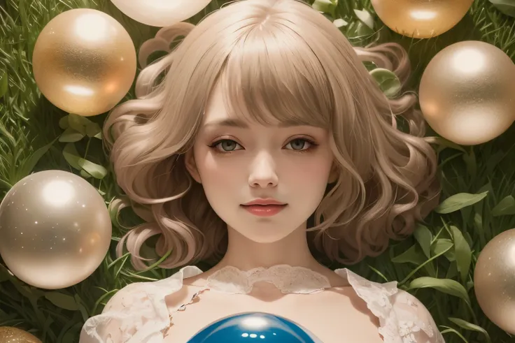 382 (20 year old woman),(short hair),(gentle smile),(high quality photos),( cinematic pictures playing on the lawn ),(colorful),(Crystal Ball),((contrast between light and shade))