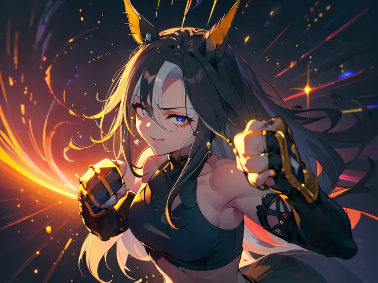 (bare hands, clenched fists, uppercut punch stance, jumps: 2), (solo, alone, girl, horse ears, hidden round breasts, black hair, very long hair, dreamy smile, black tights, see-through dark blue lace outfit, denim shorts, exposed midriff, dark purple backg...