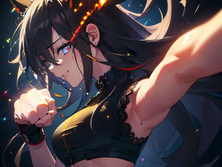(Uppercut punch preparation, clenched fist, bare hands, jump: 2), (Solo, alone, girl, horse ears, hidden round breasts, black hair, very long hair, dreamy smile, black tights, see-through dark blue lace outfit, denim shorts, exposed midriff, dark purple ba...
