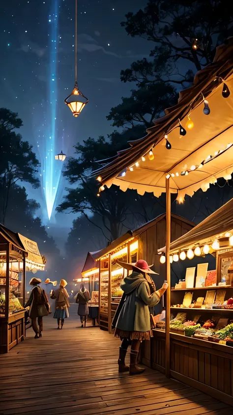 A whimsical fantasy night market hidden deep within an enchanted forest. Colorful tents and wooden stalls line a winding cobblestone path surrounded by ancient glowing trees with bioluminescent leaves. Floating lanterns hover in the air, casting vibrant hu...