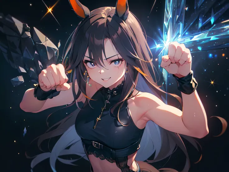 (Solo:1.5), (bare hands, clenched fists, upper punch pose, jumps:2), (solo, alone, girl, horse ears, hidden round breasts, black hair, very long hair, dreamy smile, black tights, see-through dark blue lace outfit, denim shorts, exposed midriff, dark purple...