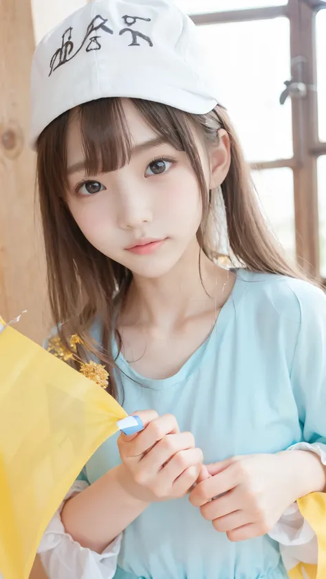 (young beautiful girl wearing a big cap)、 has a flag 、blond hair、Detailed hair like silk、(detailed hands:1.3、perfect right hand:1.3)、beautiful small face、High nose、Big pretty eyes、Lovely-shaped lips、red cheeks on the cheeks、slender body line、petite figure、...