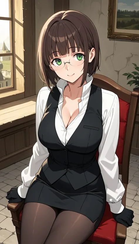 score_9, score_8_up, score_7_up, source_Anime Top Quality、8k、masterpiece、natural light、high accuracy、Perfect Anatomy、One woman、medium breasts、saggy breasts:1.5、 short hair, dark brown hair, blunt bangs, green eyes, rimless eyewear,( Happy Expression 、fun e...