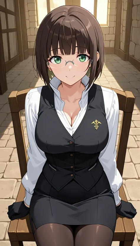score_9, score_8_up, score_7_up, source_Anime Top Quality、8k、masterpiece、natural light、high accuracy、Perfect Anatomy、One woman、medium breasts、saggy breasts:1.5、 short hair, dark brown hair, blunt bangs, green eyes, rimless eyewear,( Happy Expression 、fun e...
