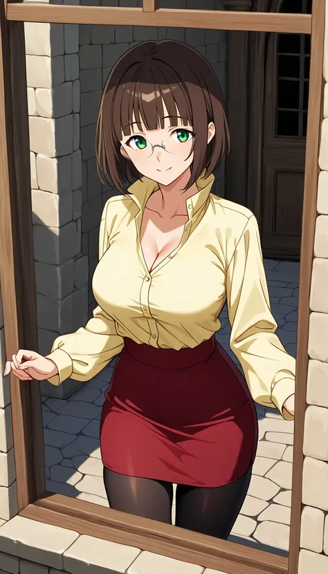 score_9, score_8_up, score_7_up, source_Anime Top Quality、8k、masterpiece、natural light、high accuracy、Perfect Anatomy、One woman、medium breasts、saggy breasts:1.5、 short hair, dark brown hair, blunt bangs, green eyes, rimless eyewear,( Happy Expression 、fun e...