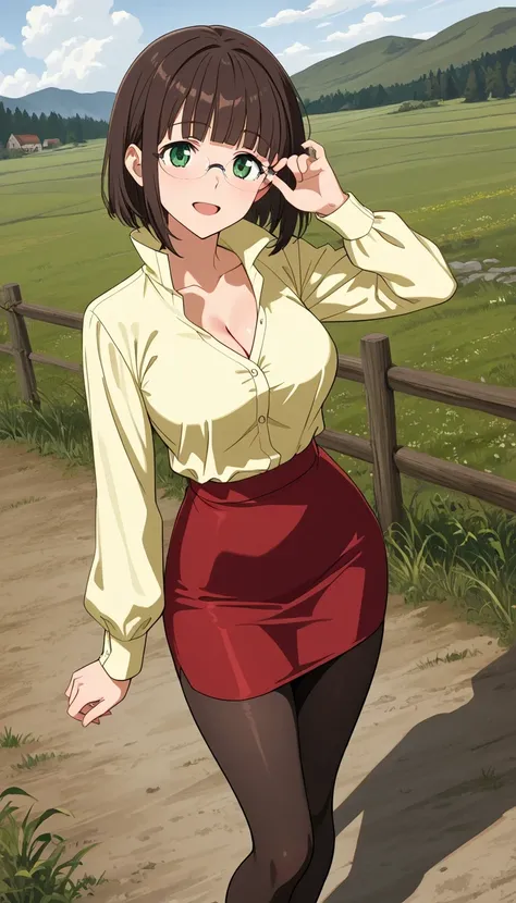 score_9, score_8_up, score_7_up, source_Anime Top Quality、8k、masterpiece、natural light、high accuracy、Perfect Anatomy、One woman、medium breasts、saggy breasts:1.5、 short hair, dark brown hair, blunt bangs, green eyes, rimless eyewear,( Happy Expression 、fun e...
