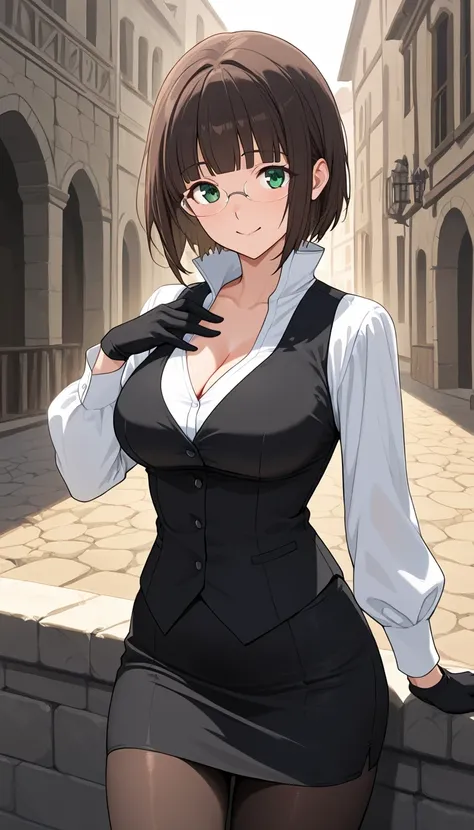 score_9, score_8_up, score_7_up, source_Anime Top Quality、8k、masterpiece、natural light、high accuracy、Perfect Anatomy、One woman、medium breasts、saggy breasts:1.5、 short hair, dark brown hair, blunt bangs, green eyes, rimless eyewear,( Happy Expression 、fun e...