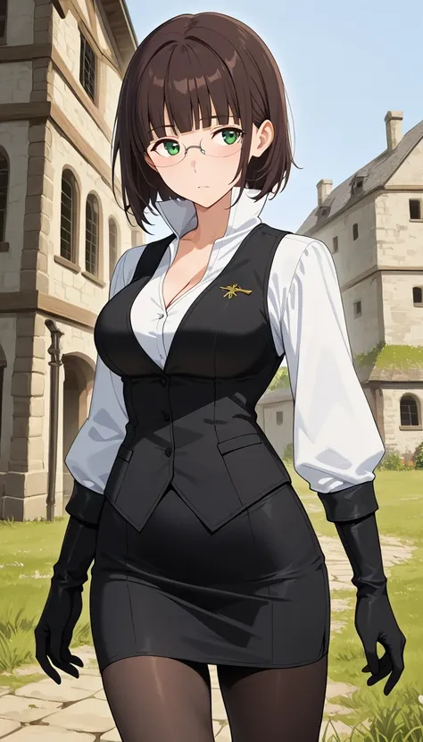 score_9, score_8_up, score_7_up, source_Anime Top Quality、8k、masterpiece、natural light、high accuracy、Perfect Anatomy、One woman、medium breasts、saggy breasts:1.5、 short hair, dark brown hair, blunt bangs, green eyes, rimless eyewear,(no expression、blushes、Th...