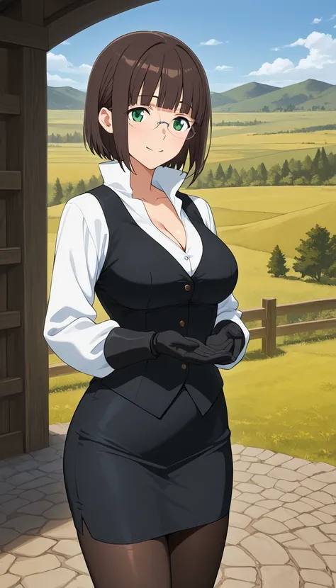score_9, score_8_up, score_7_up, source_Anime Top Quality、8k、masterpiece、natural light、high accuracy、Perfect Anatomy、One woman、medium breasts、saggy breasts:1.5、 short hair, dark brown hair, blunt bangs, green eyes, rimless eyewear,( Happy Expression 、The h...