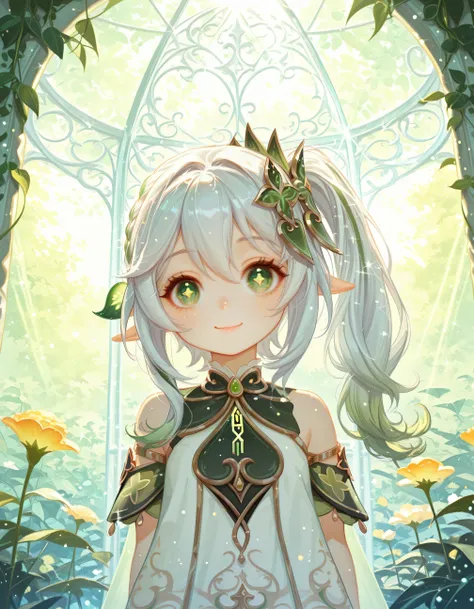 safe, masterpiece, best quality, good quality, very aesthetic, absurdres, newest, 1girl, solo, young, white hair, side ponytail,pointy ears, detailed eyes, nahida genshin_impact, smiling,long eyelashes, thick eyelashes, large eyes, detailed eyes, simple ba...