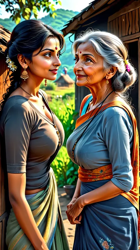 Dynamic photo of a 25 years young, cute, beautiful, sexy girl(aiswarya rai), talking with a 70 years old lady, outside a hut, at a village , realistic cinematic style, 4k ultra HD quality in 3D