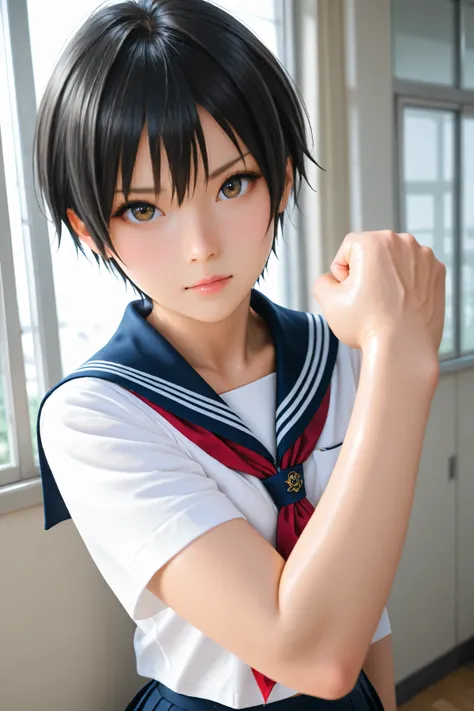 Best Quality,ultra detailed, Photo realstic,
(solo tomboy), black hair, slim, school uniform, looking for viewer, punch to face,