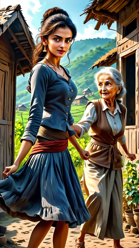 Dynamic photo of a 25 years young, cute, gorgeous girl(aiswarya rai) is beating up of a 70 years old lady, outside a hut, at a village , realistic cinematic style, 4k ultra HD quality in 3D