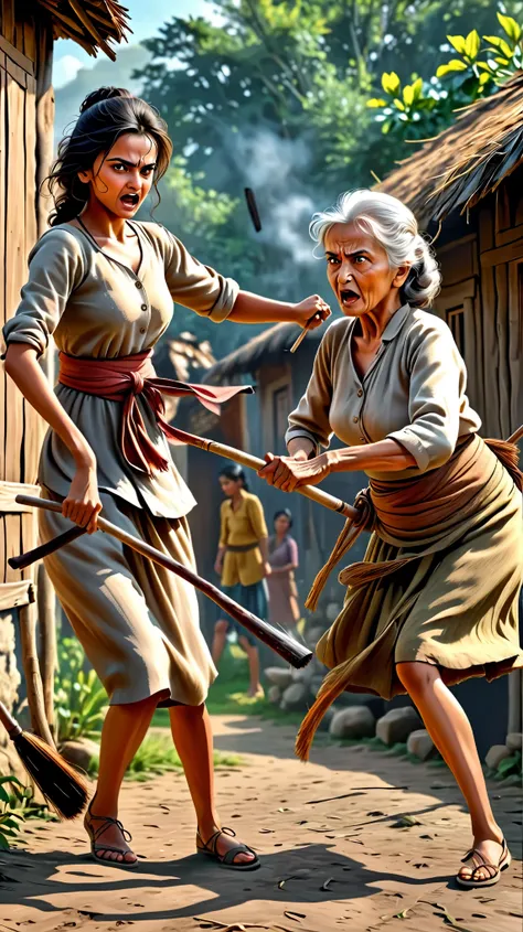 Dynamic photo of a 25 years very angry young, cute, gorgeous girl(aiswarya rai) is beating up from stick of a 70 years old lady, outside a hut, at a village , realistic cinematic style, 4k ultra HD quality in 3D