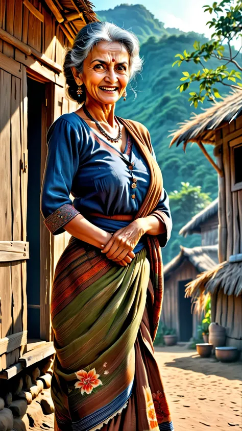 Dynamic photo of a 25 years very angry young, cute, gorgeous girl(aiswarya rai), (a 70 years old lady smiling), outside a hut, at a village , realistic cinematic style, 4k ultra HD quality in 3D