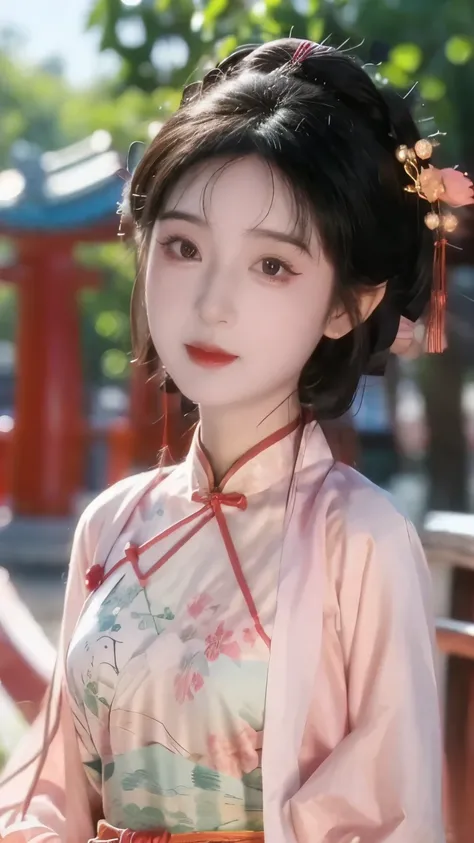 1 beautiful girl,best quality,(painting:1.5),Chest,torii,,depth of field, detailed face ,facial focus,ribbon_trim,(looking at the audience:1.25),Smile,Thick lips,Real People,colorful cheongsam