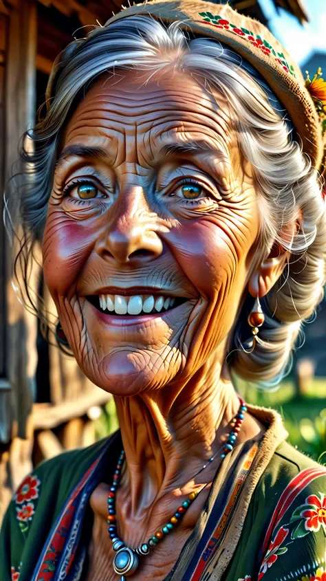 Dynamic photo of a 70 years old lady's face, (mini smile😊), outside a hut, at a village , realistic cinematic style, 4k ultra HD quality in 3D