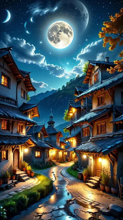 Dynamic photo of a moon light, at a village, stunning picture, realistic cinematic style, 4k ultra HD quality in 3D